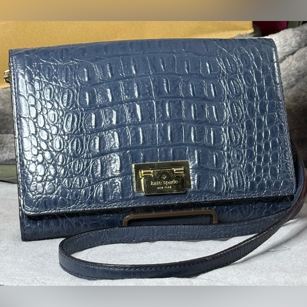 Kate Spade Fiona Orchard Valley Embossed Leather Flap Crossbody Bag *Navy Blue